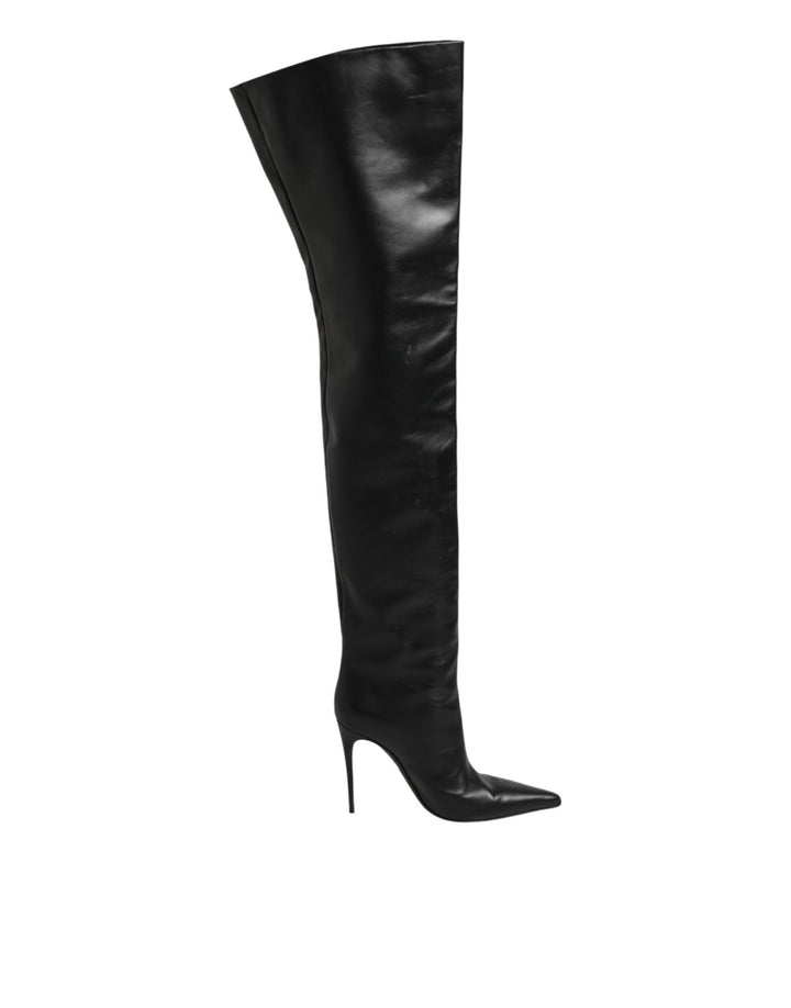 Dolce & Gabbana Black Leather Stiletto Knee High Boots Shoes - RIMODA