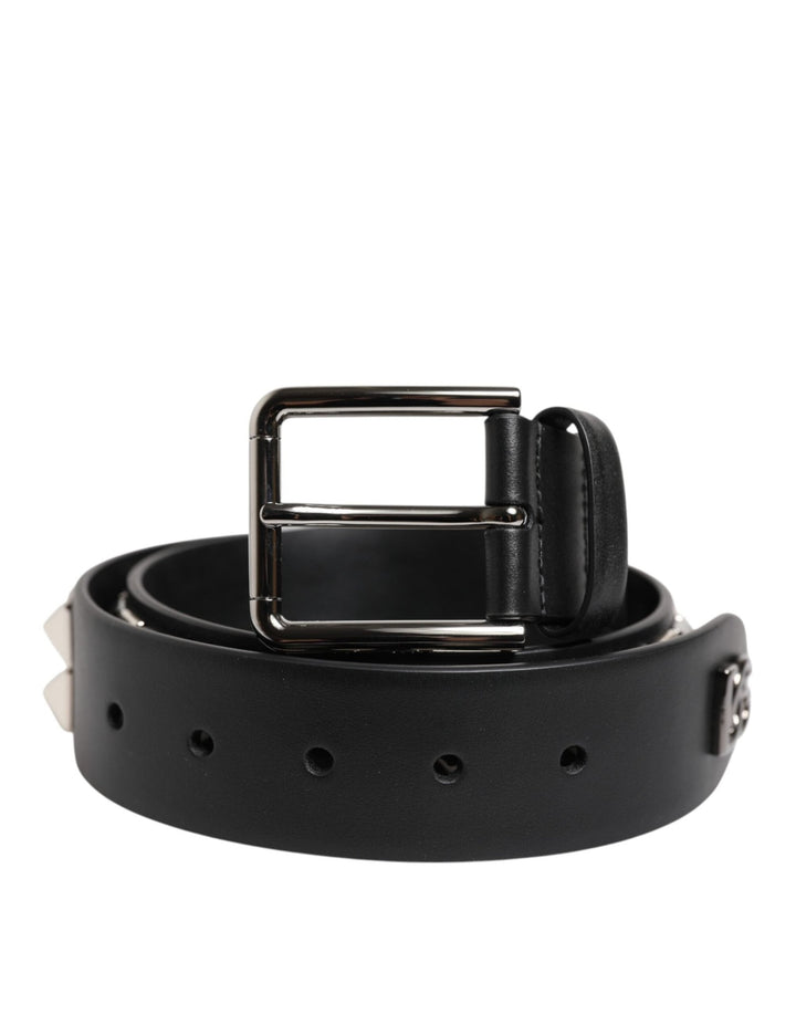 Dolce & Gabbana Black Leather Studded DG Metal Buckle Belt - RIMODA