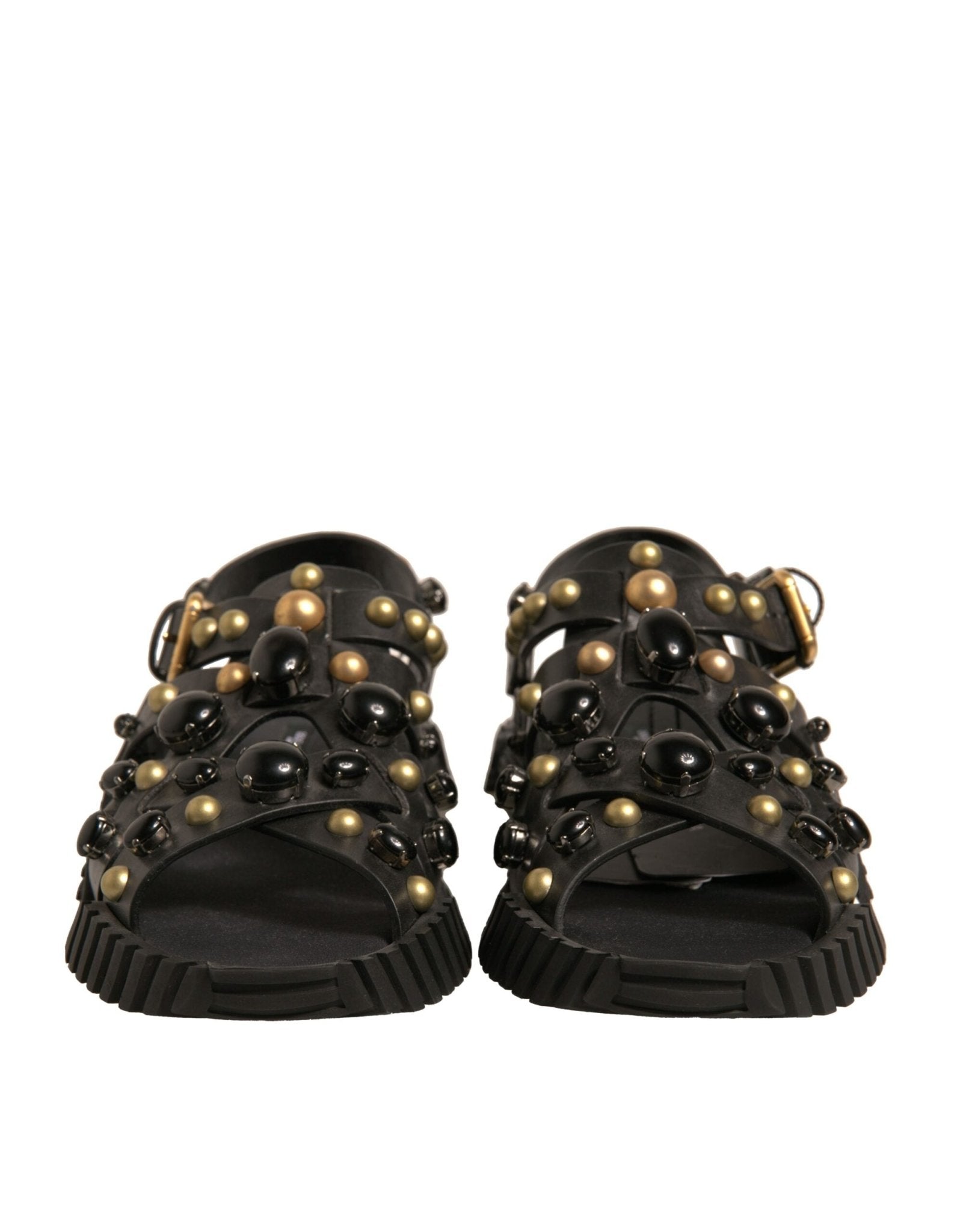 Dolce & Gabbana Black Leather Studded Slides Sandals Shoes - RIMODA
