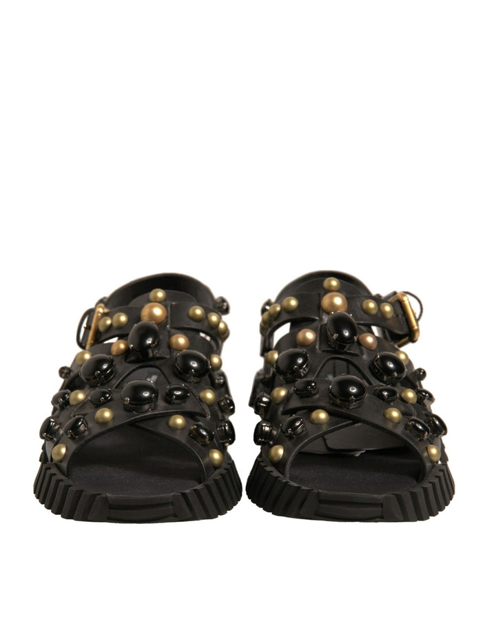 Dolce & Gabbana Black Leather Studded Slides Sandals Shoes - RIMODA