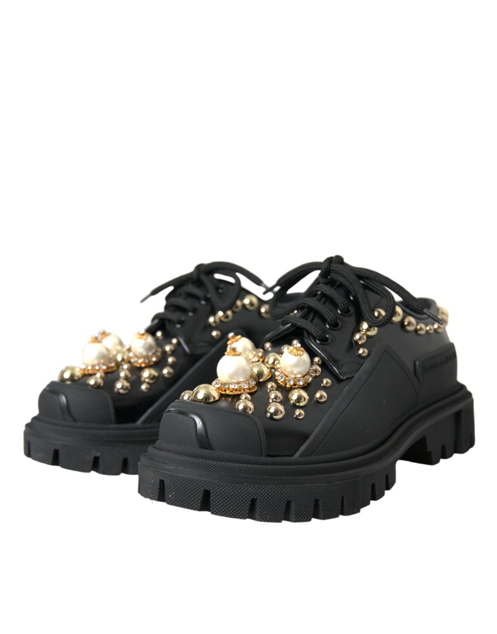 Dolce & Gabbana Black Leather Trekking Derby Embellished Shoes - RIMODA