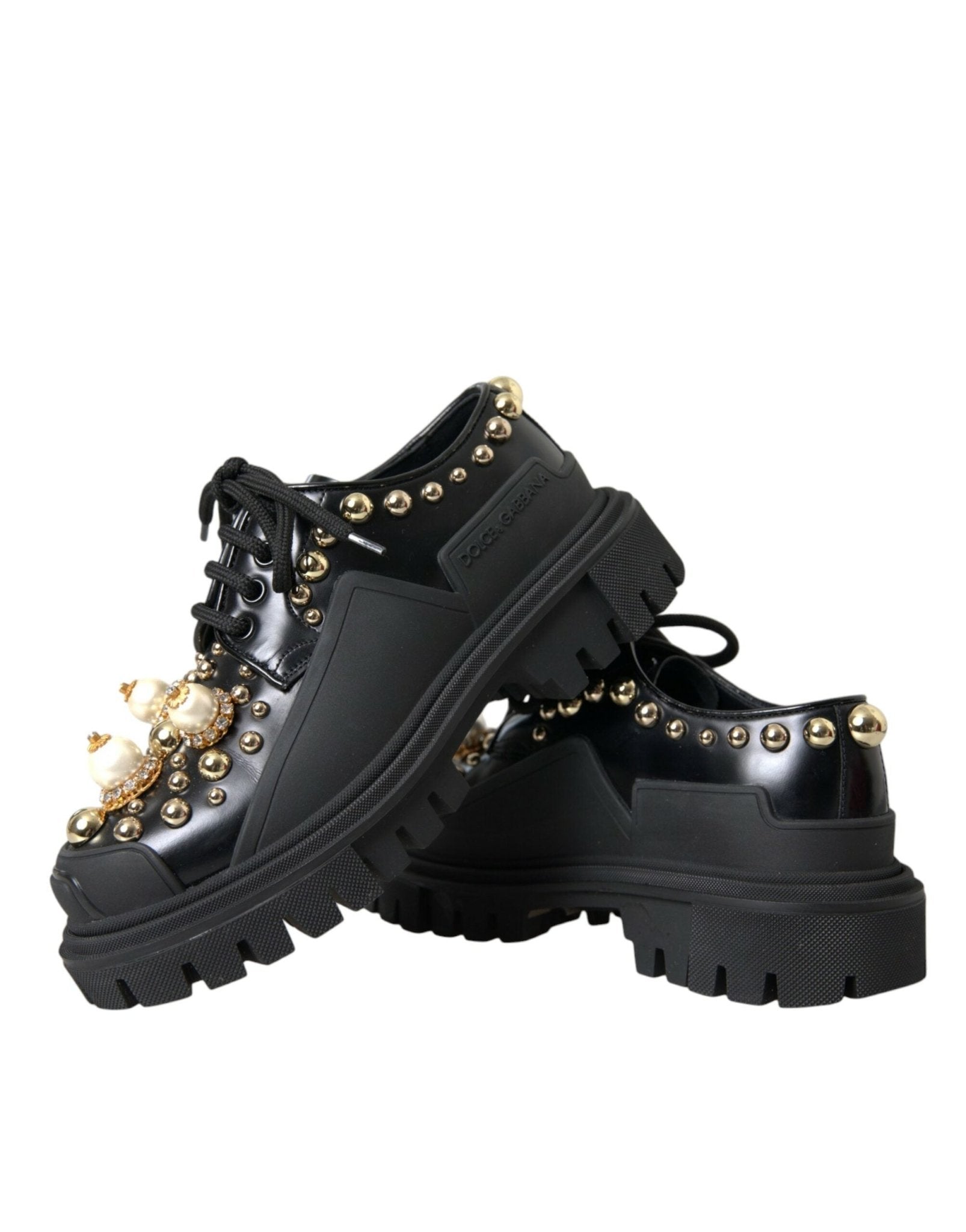 Dolce & Gabbana Black Leather Trekking Derby Embellished Shoes - RIMODA
