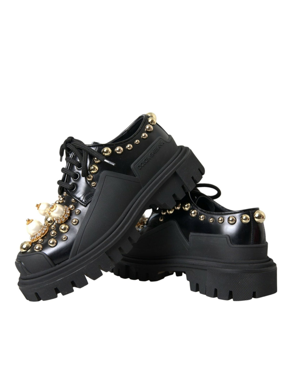 Dolce & Gabbana Black Leather Trekking Derby Embellished Shoes - RIMODA