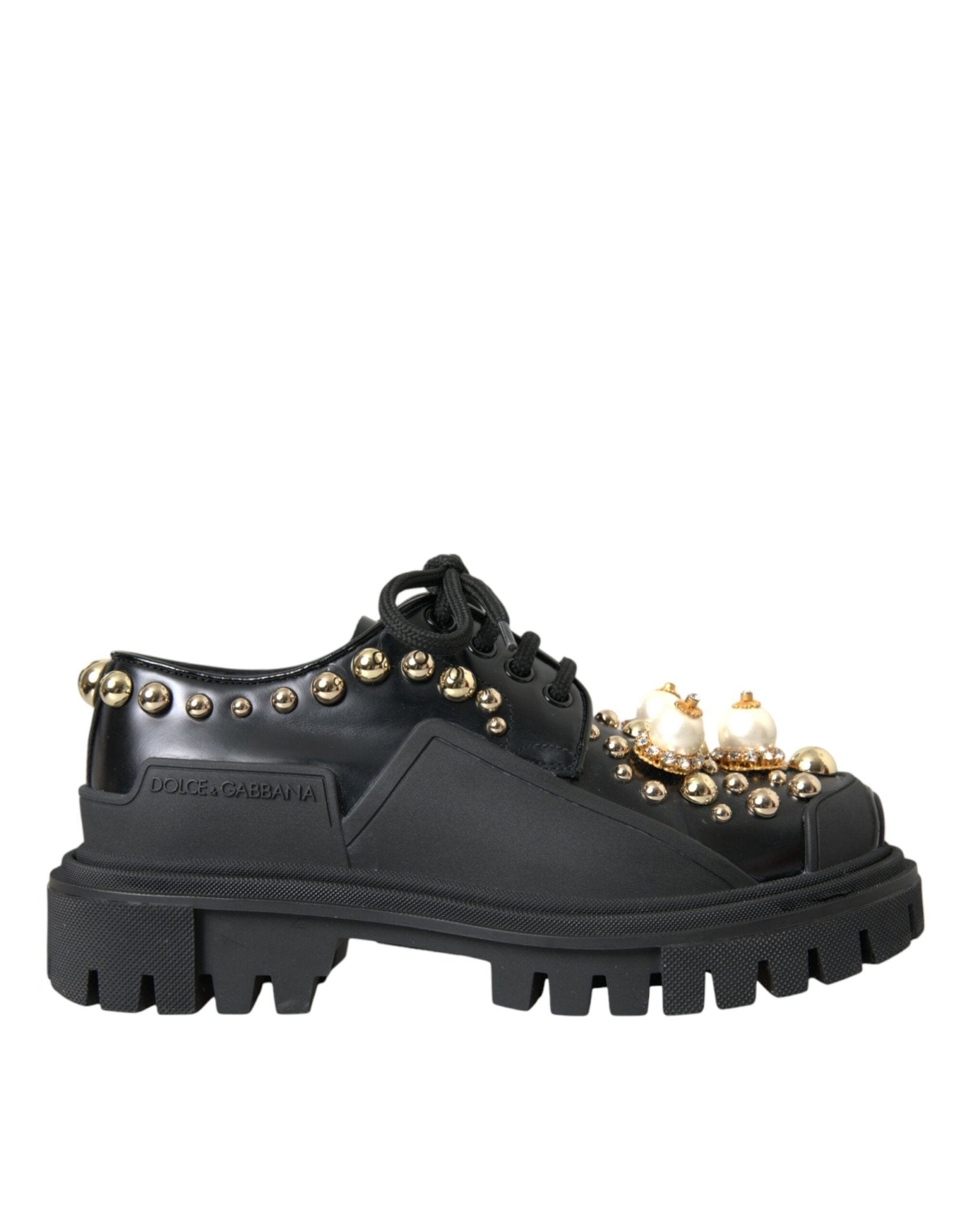 Dolce & Gabbana Black Leather Trekking Derby Embellished Shoes - RIMODA