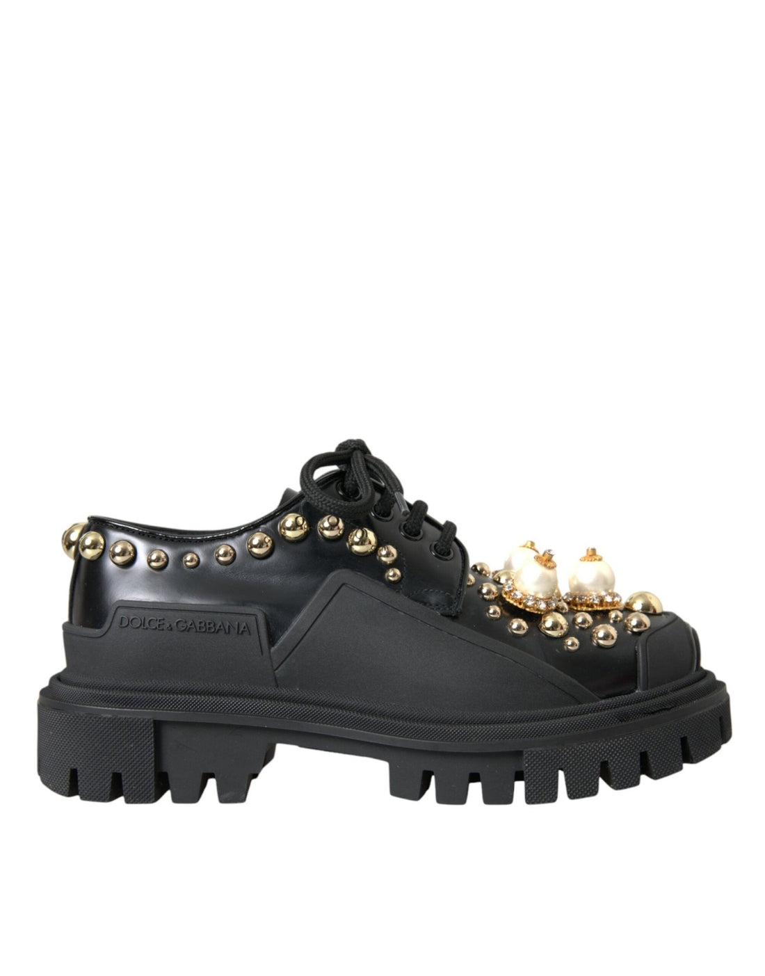 Dolce & Gabbana Black Leather Trekking Derby Embellished Shoes - RIMODA
