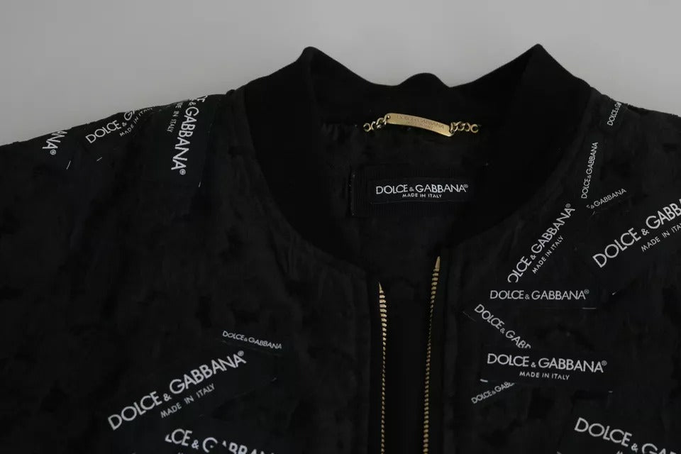 Dolce & Gabbana Black Logo Patch Brocade Bomber Full Zip Jacket - RIMODA