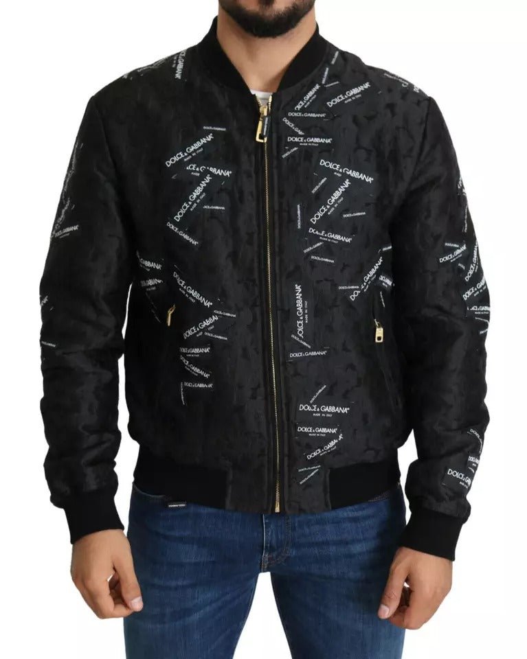 Dolce & Gabbana Black Logo Patch Brocade Bomber Full Zip Jacket - RIMODA
