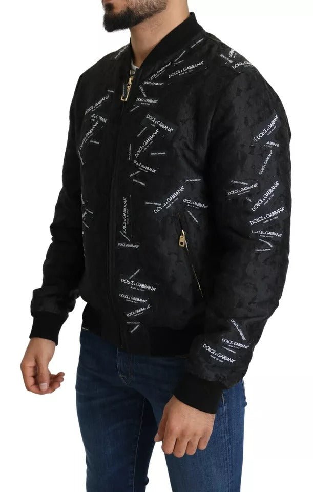 Dolce & Gabbana Black Logo Patch Brocade Bomber Full Zip Jacket - RIMODA