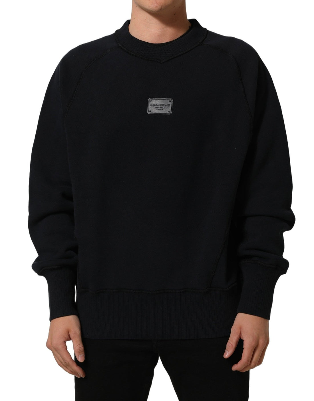 Dolce & Gabbana Black Logo Plaque Cotton Crew Neck Pullover Sweater - RIMODA