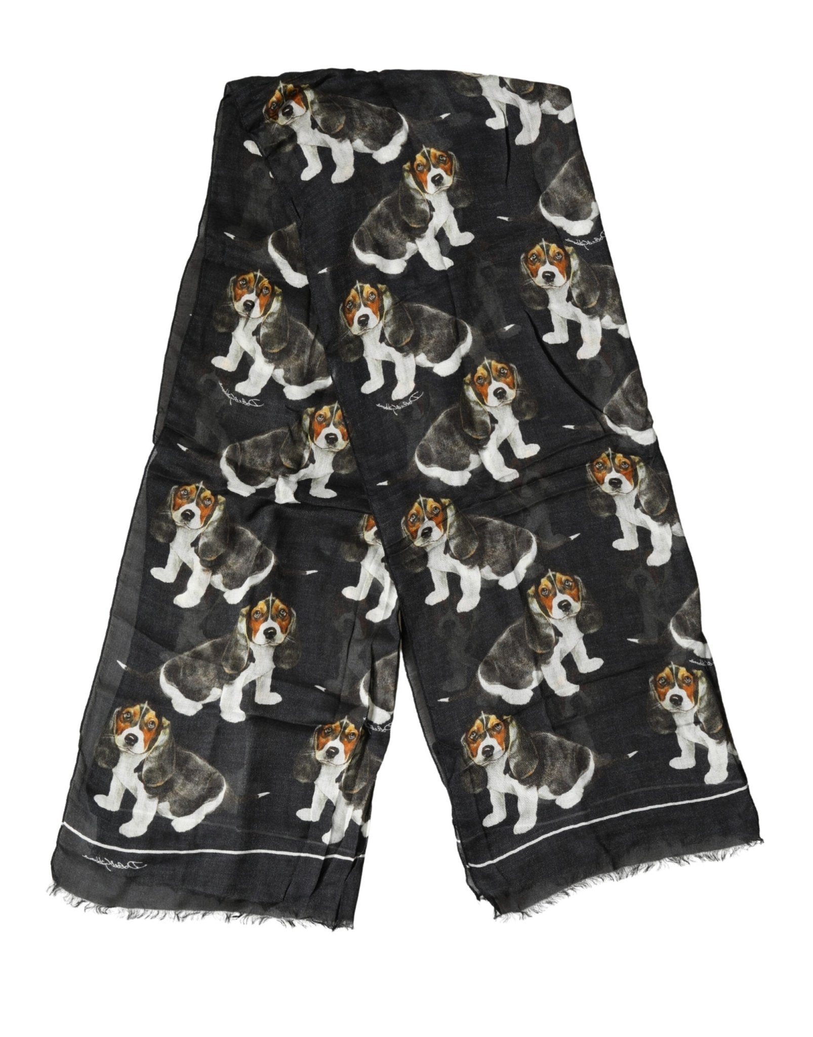 Dolce & Gabbana Black Modal Wool Dog Print Fringed 178cm x 64cm Scarf - RIMODA