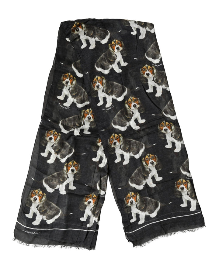 Dolce & Gabbana Black Modal Wool Dog Print Fringed 178cm x 64cm Scarf - RIMODA