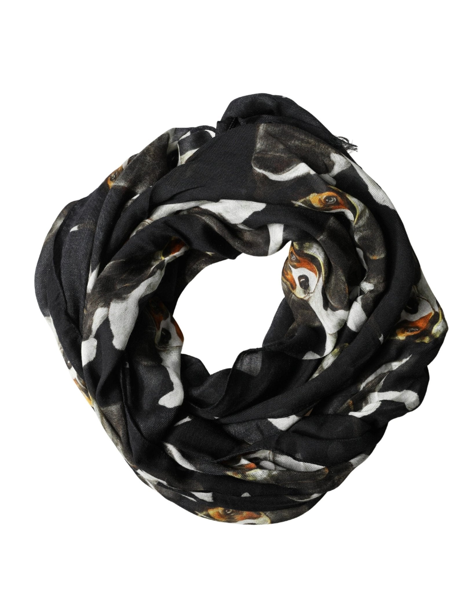 Dolce & Gabbana Black Modal Wool Dog Print Fringed 178cm x 64cm Scarf - RIMODA