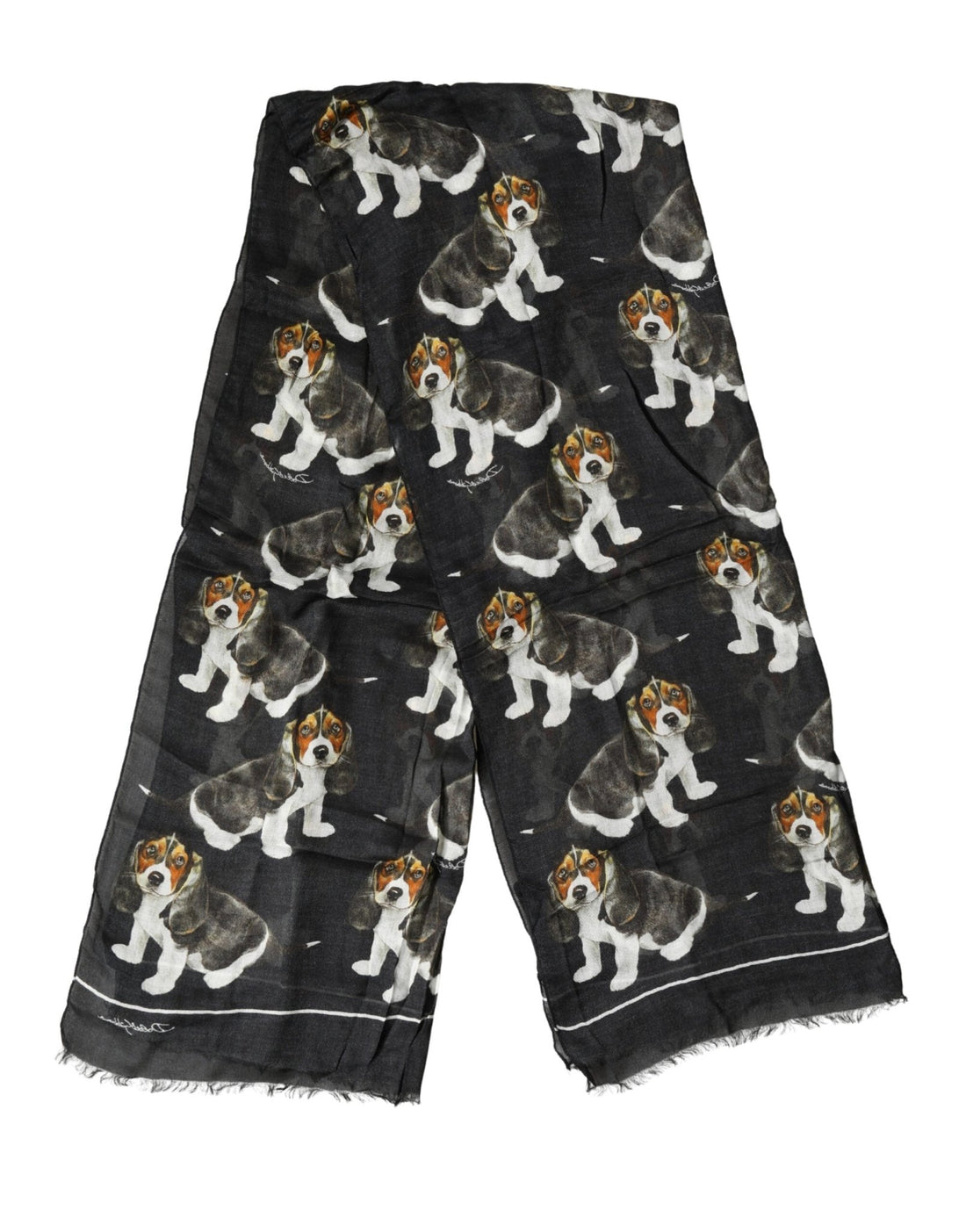 Dolce & Gabbana Black Modal Wool Dog Print Fringed 178cm x 64cm Scarf - RIMODA
