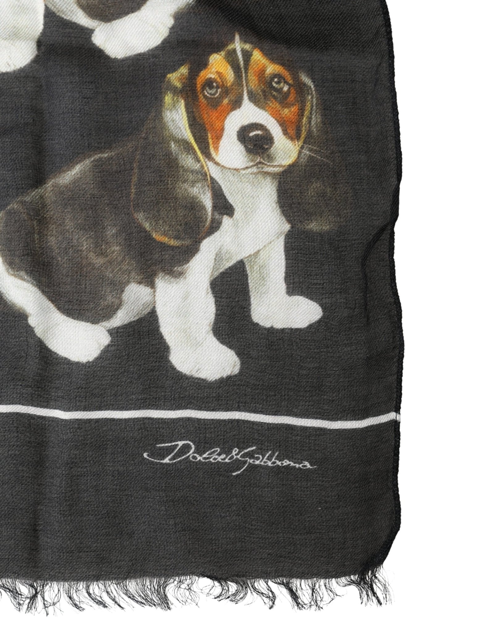 Dolce & Gabbana Black Modal Wool Dog Print Fringed 178cm x 64cm Scarf - RIMODA