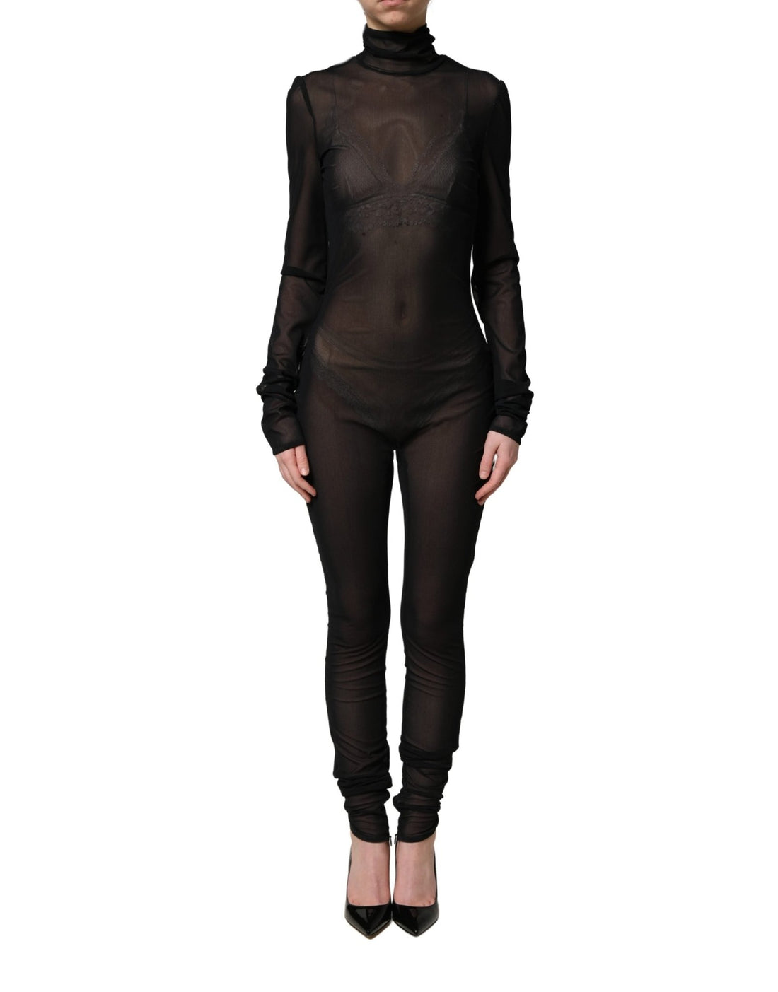Dolce & Gabbana Black Nylon Sheer Turtleneck Jumpsuit Dress - RIMODA