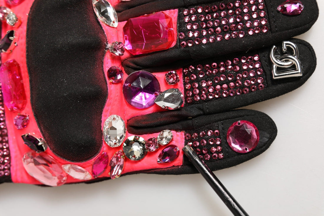 Dolce & Gabbana Black Pink Crystal Wrist Length Mitten Gloves - RIMODA