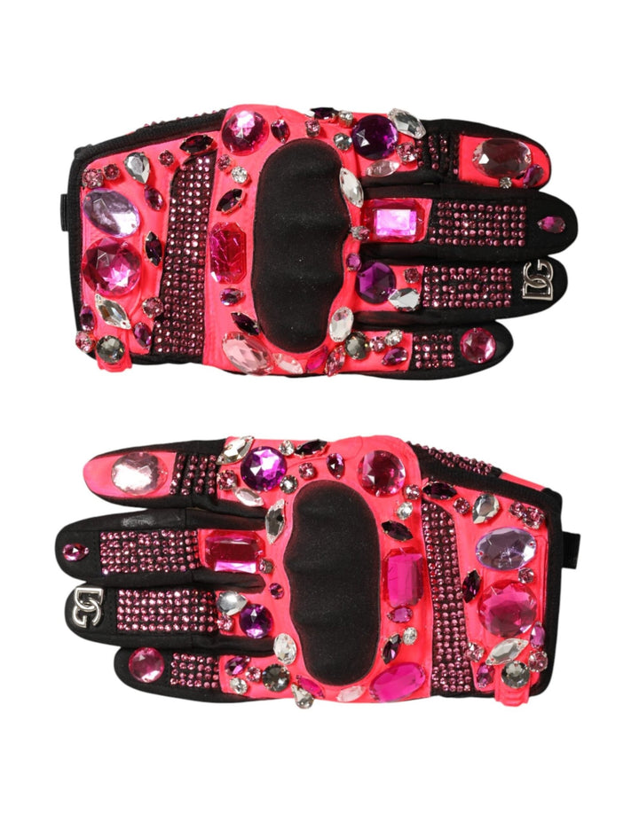 Dolce & Gabbana Black Pink Crystal Wrist Length Mitten Gloves - RIMODA