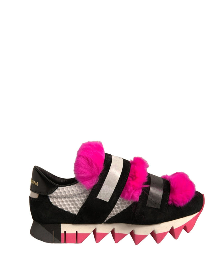 Dolce & Gabbana Black Pink Fur Embellished Sneakers Shoes - RIMODA
