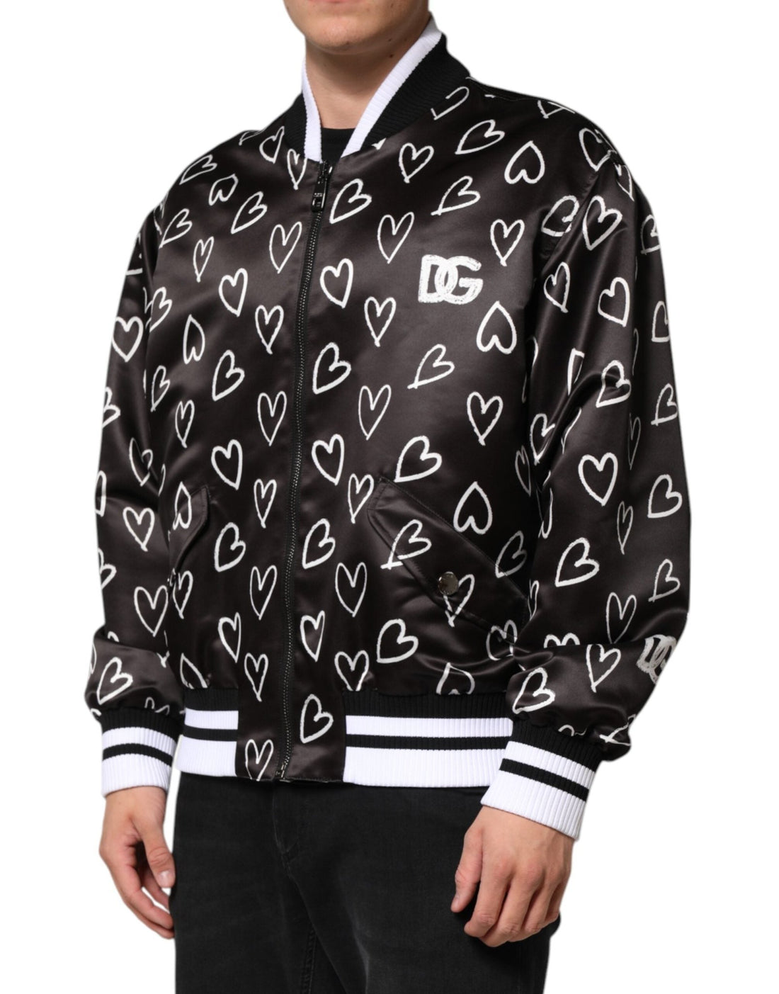 Dolce & Gabbana Black Polyester Heart Print Bomber Jacket - RIMODA
