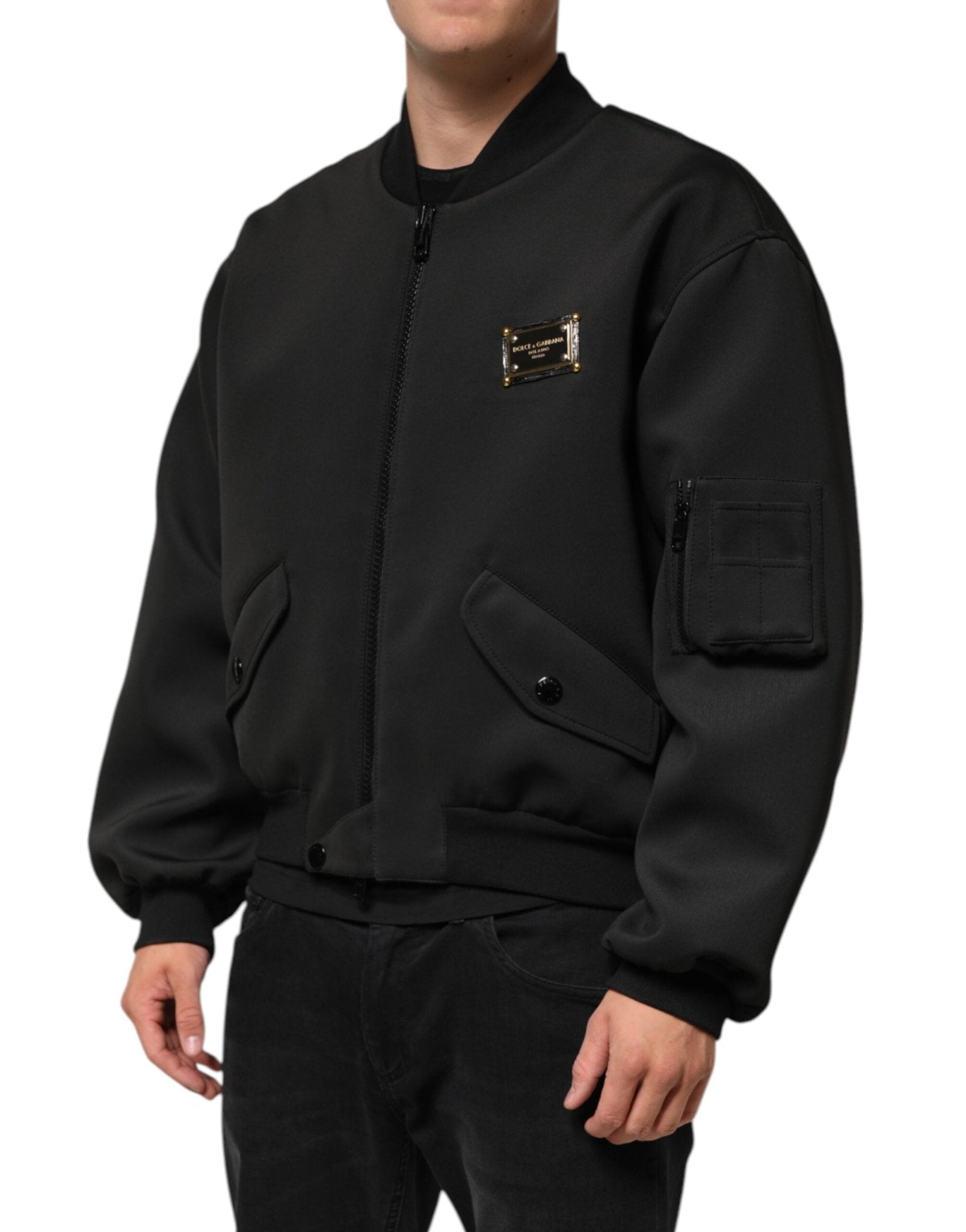 Dolce & Gabbana Black Polyester Logo Plaque Bomber Jacket - RIMODA