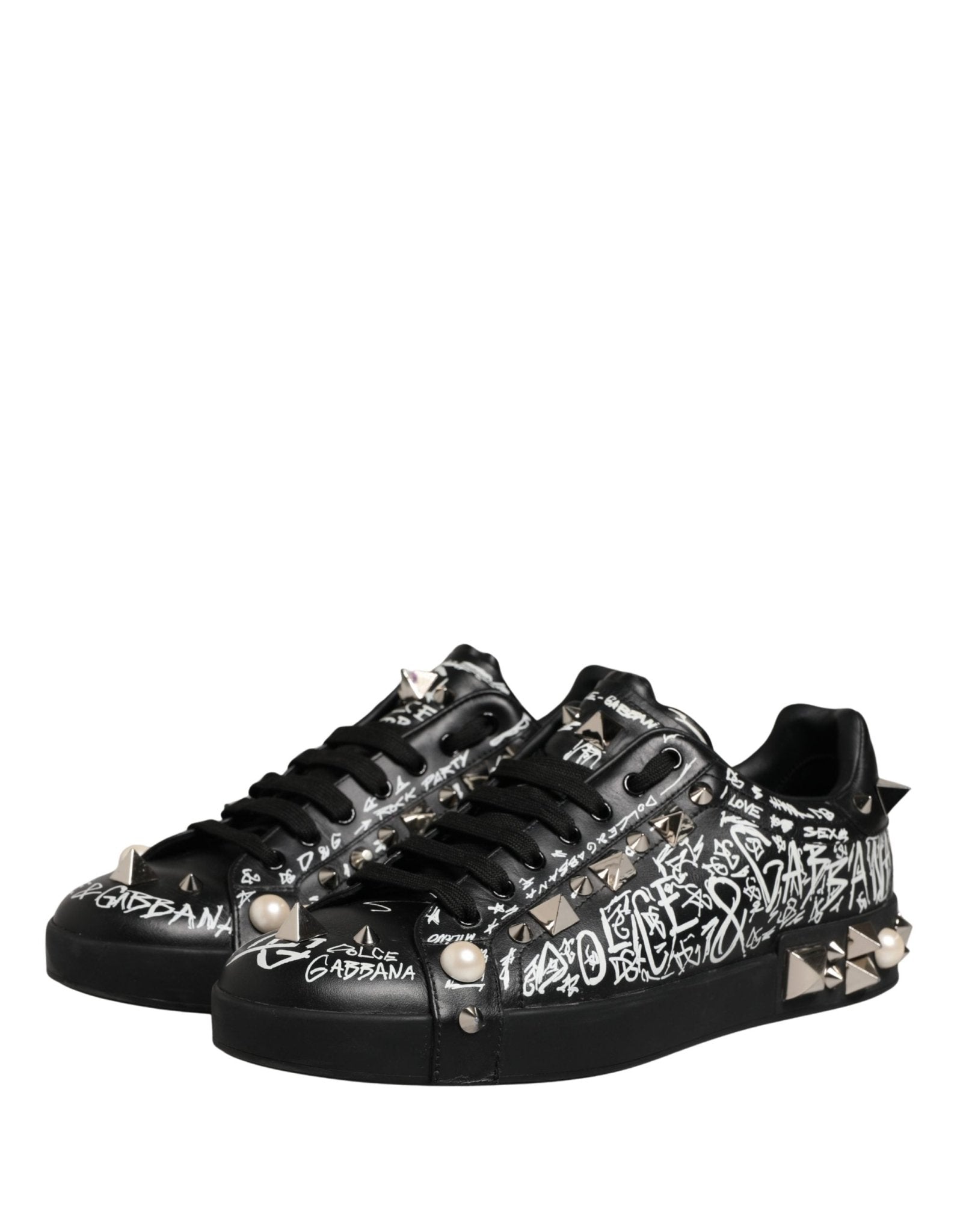 Dolce & Gabbana Black Portofino Graffiti Stud Sneakers Shoes - RIMODA