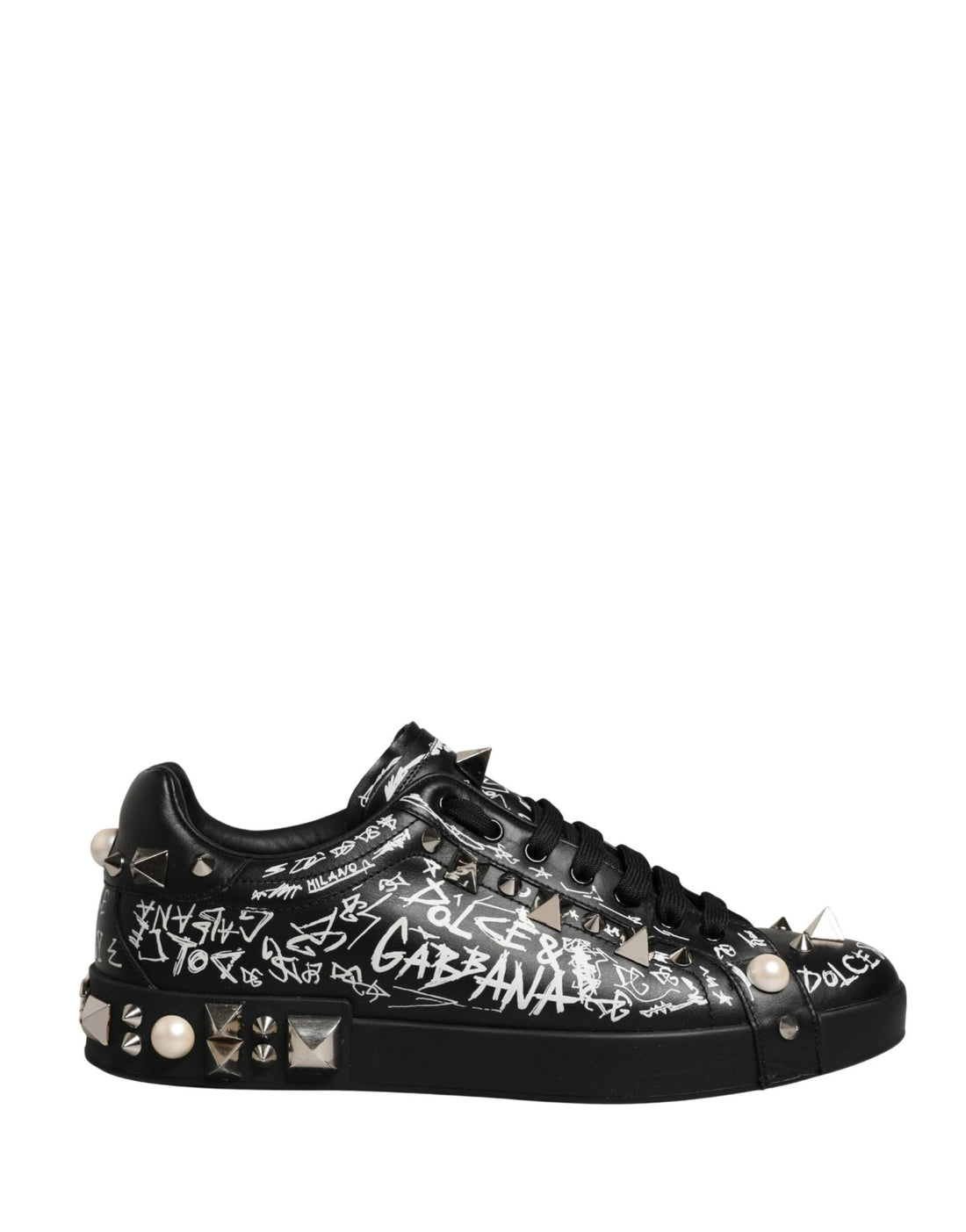 Dolce & Gabbana Black Portofino Graffiti Stud Sneakers Shoes - RIMODA