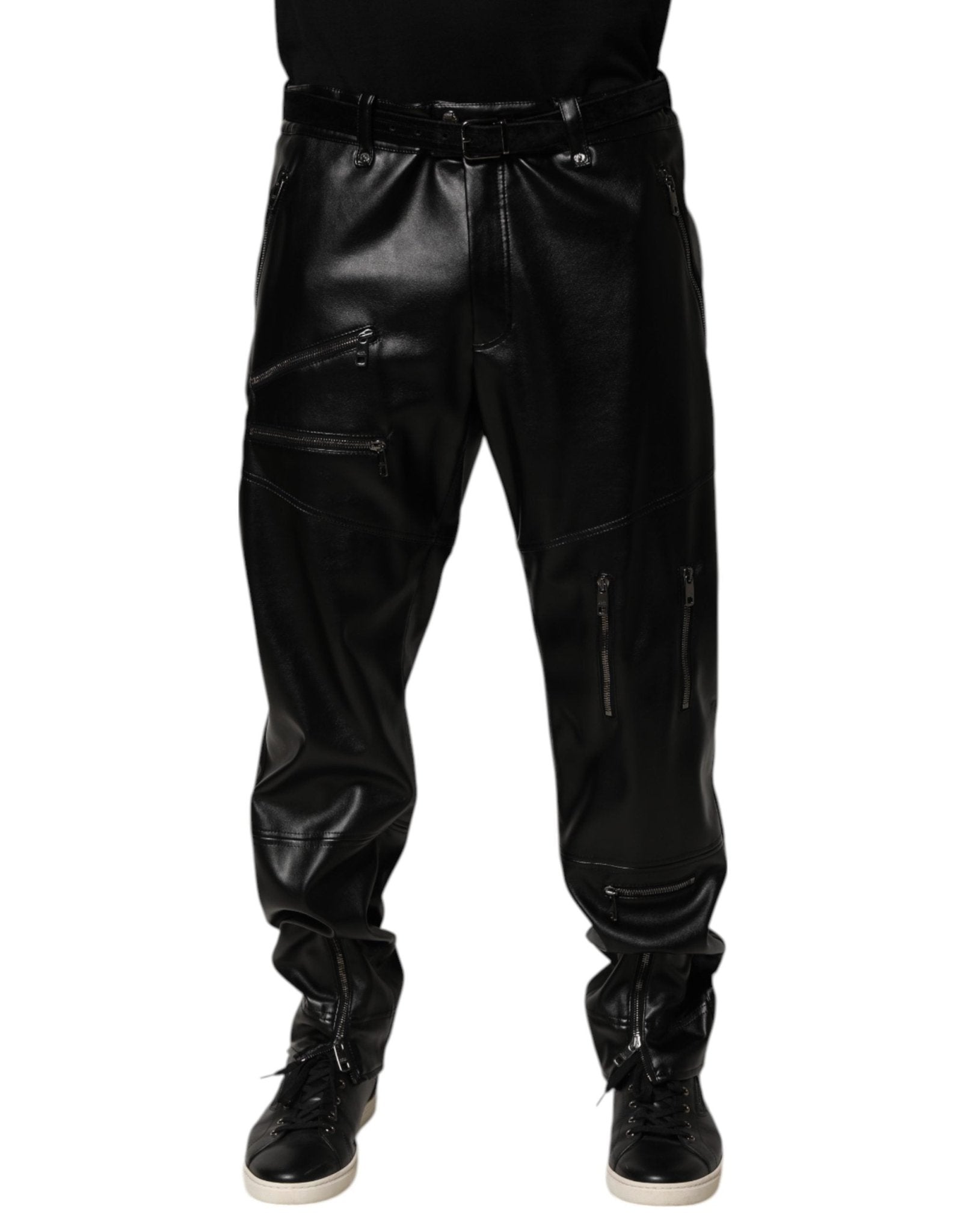 Dolce & Gabbana Black PU Leather Zipper Men Trouser Pants - RIMODA