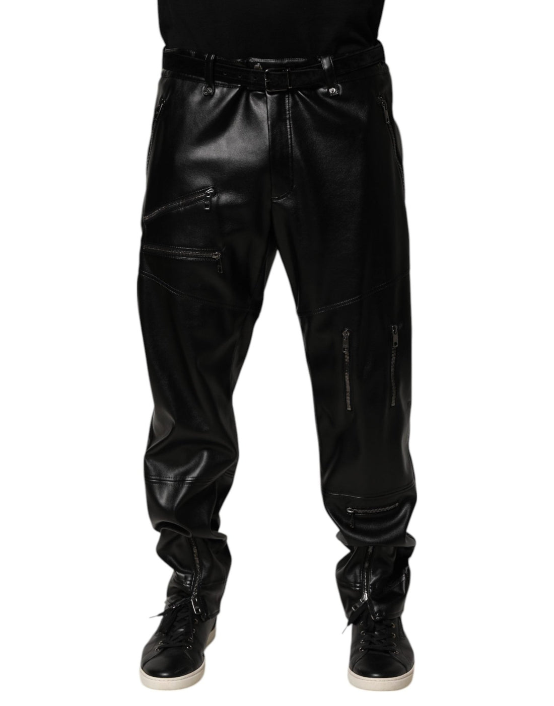 Dolce & Gabbana Black PU Leather Zipper Men Trouser Pants - RIMODA