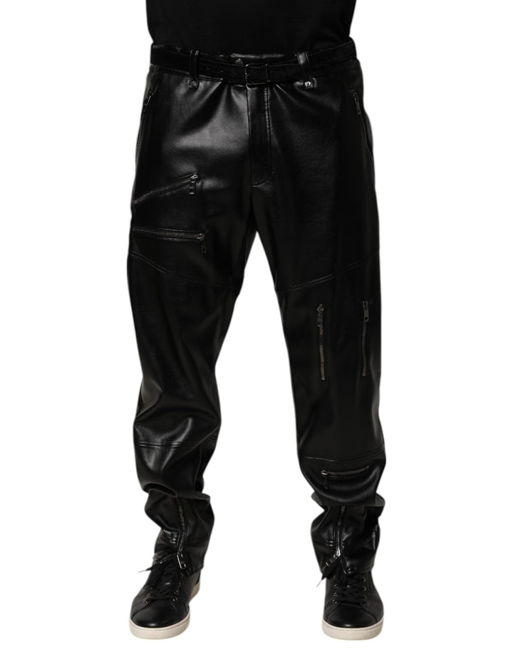 Dolce & Gabbana Black PU Leather Zipper Men Trouser Pants - RIMODA