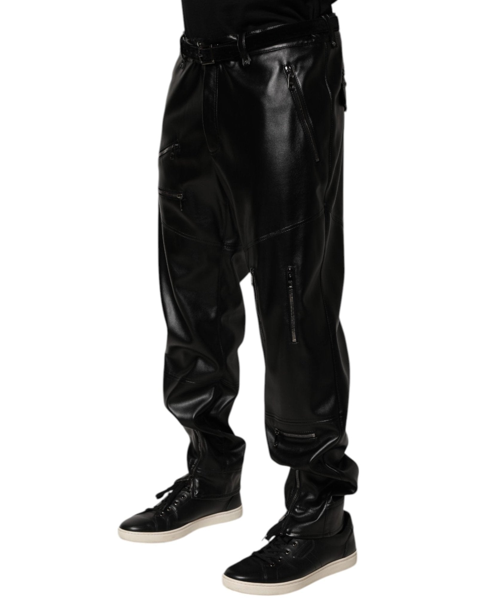 Dolce & Gabbana Black PU Leather Zipper Men Trouser Pants - RIMODA