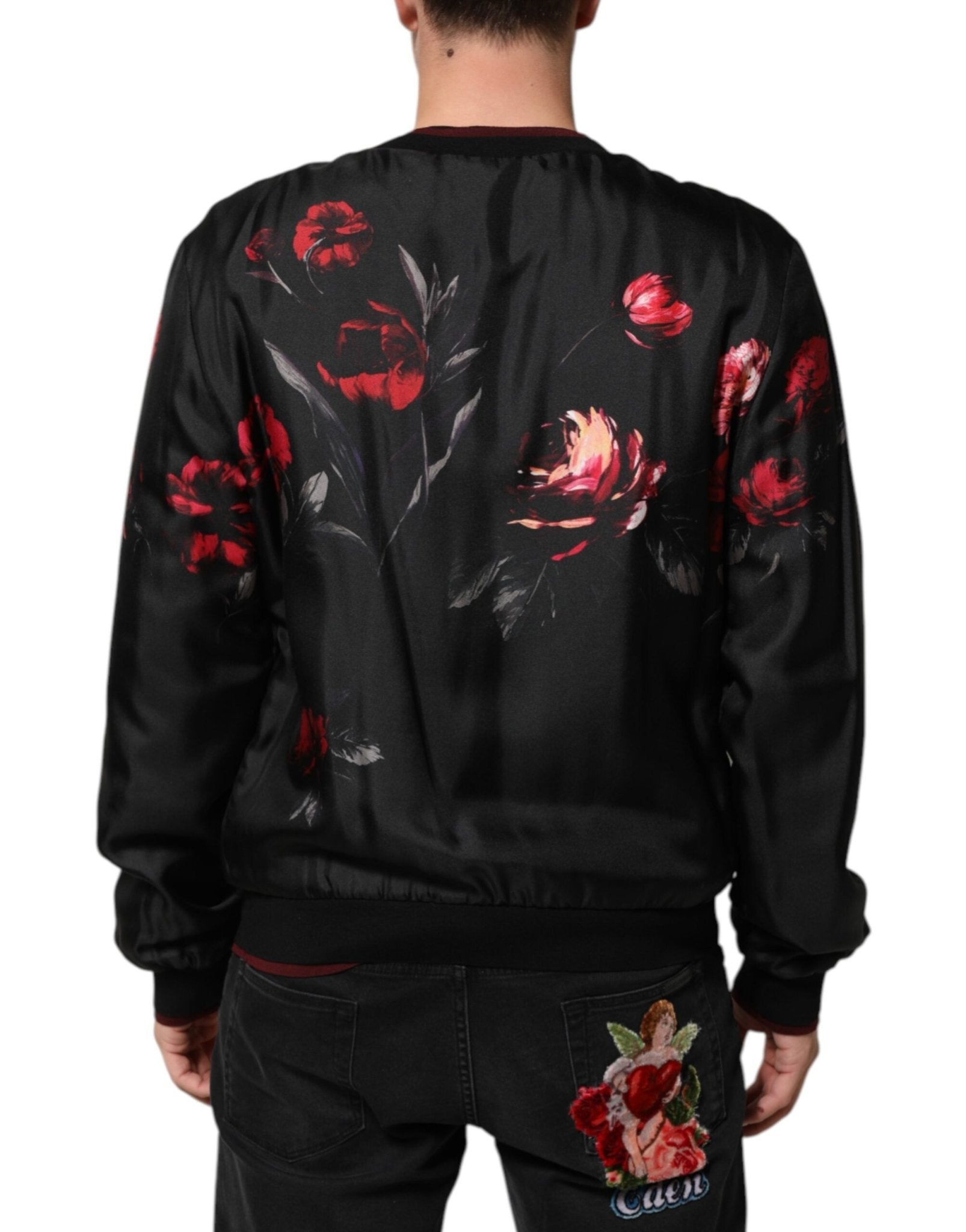 Dolce & Gabbana Black Red Floral Silk Bomber Blouson Jacket - RIMODA