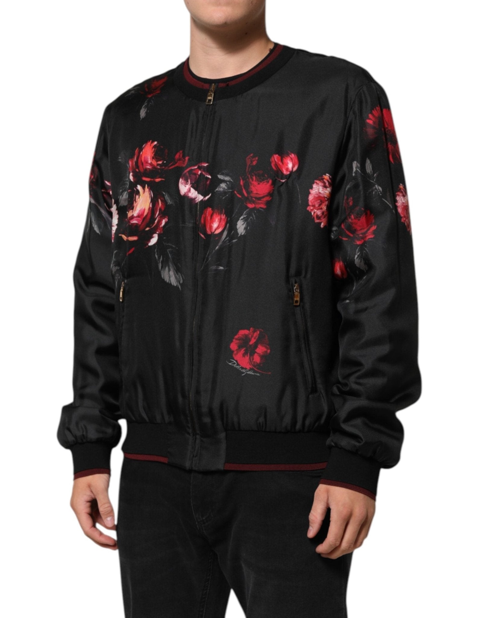 Dolce & Gabbana Black Red Floral Silk Bomber Blouson Jacket - RIMODA