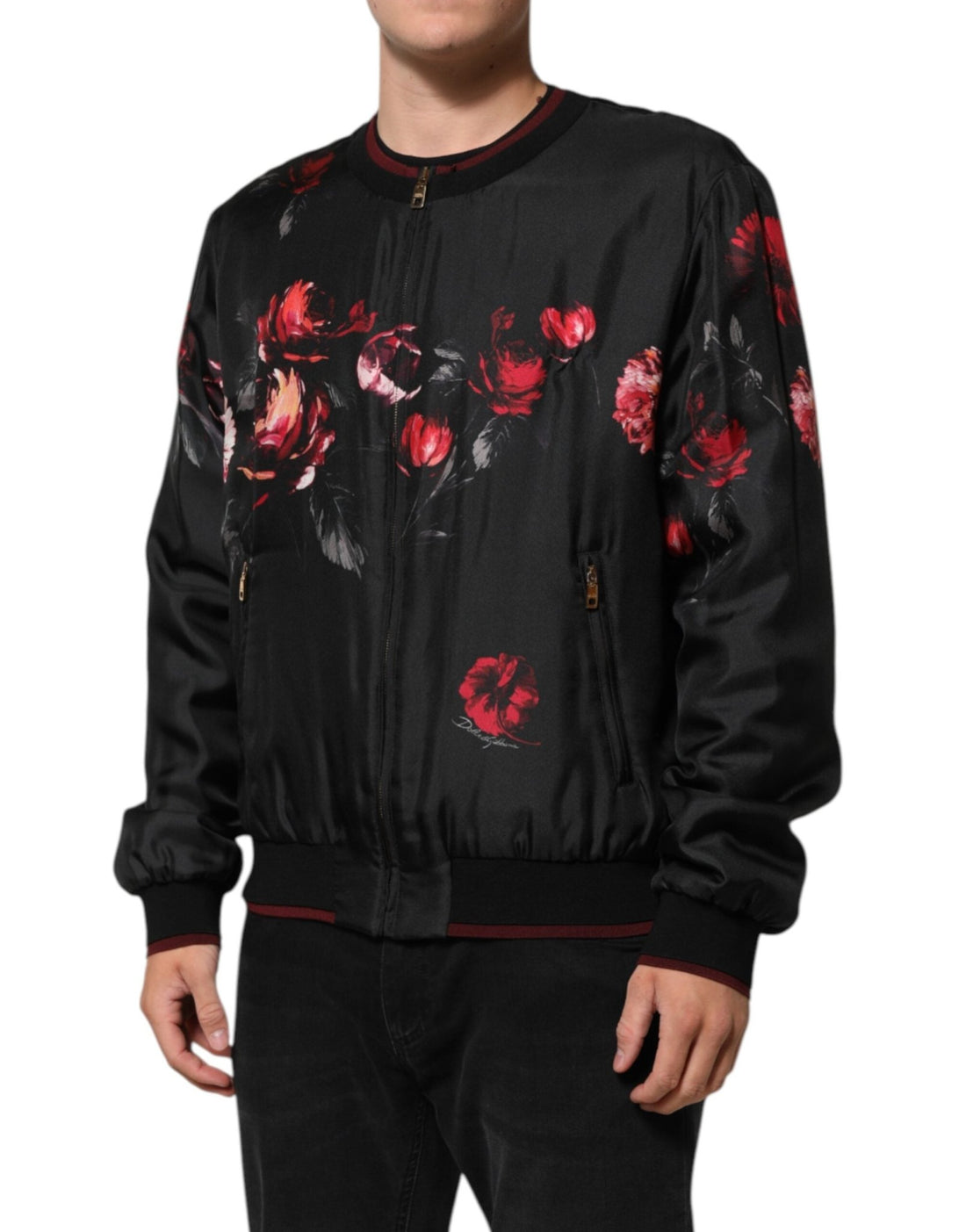 Dolce & Gabbana Black Red Floral Silk Bomber Blouson Jacket - RIMODA