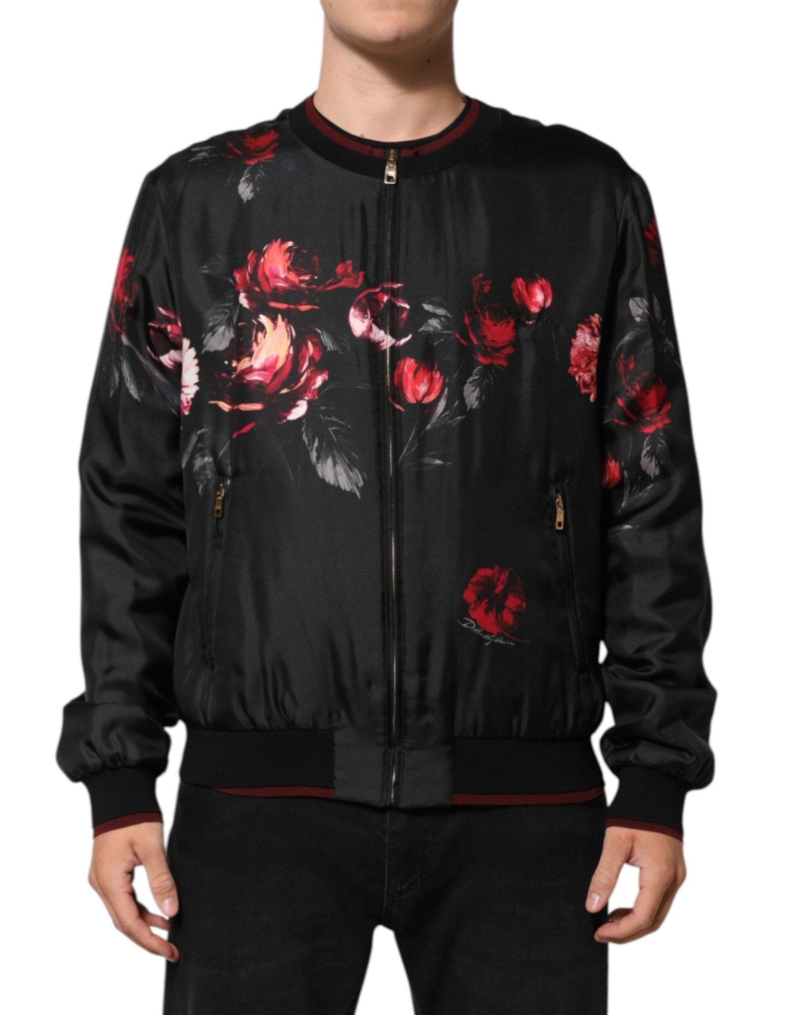 Dolce & Gabbana Black Red Floral Silk Bomber Blouson Jacket - RIMODA