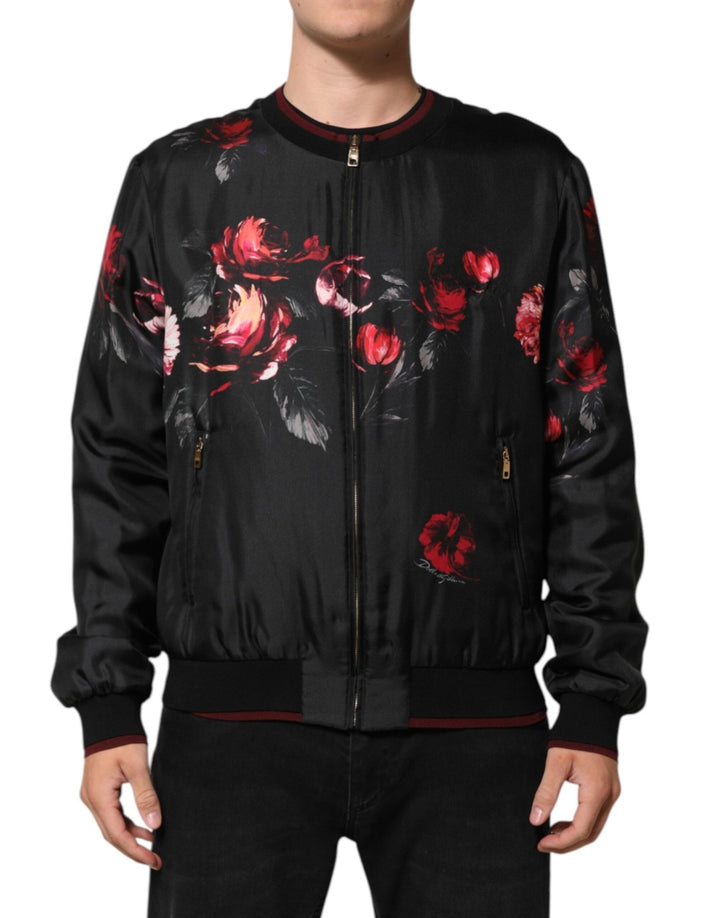 Dolce & Gabbana Black Red Floral Silk Bomber Blouson Jacket - RIMODA