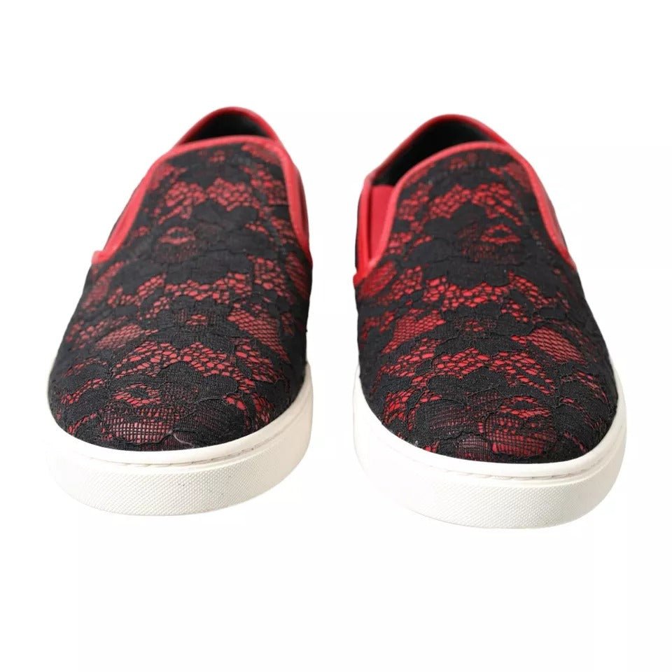 Dolce & Gabbana Black Red Lace Slip On Low Top Sneakers Shoes - RIMODA