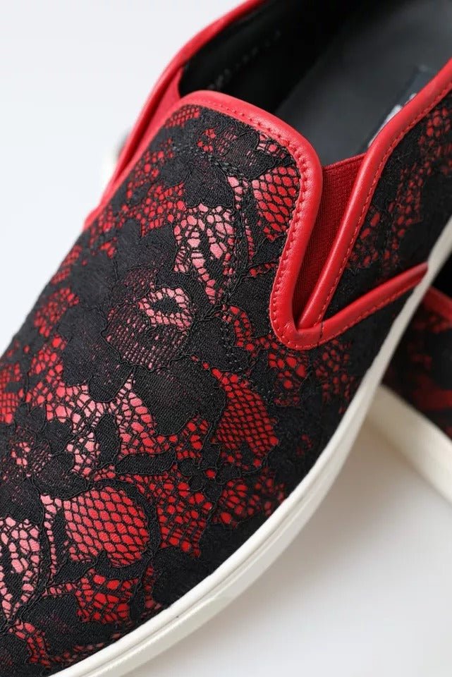 Dolce & Gabbana Black Red Lace Slip On Low Top Sneakers Shoes - RIMODA