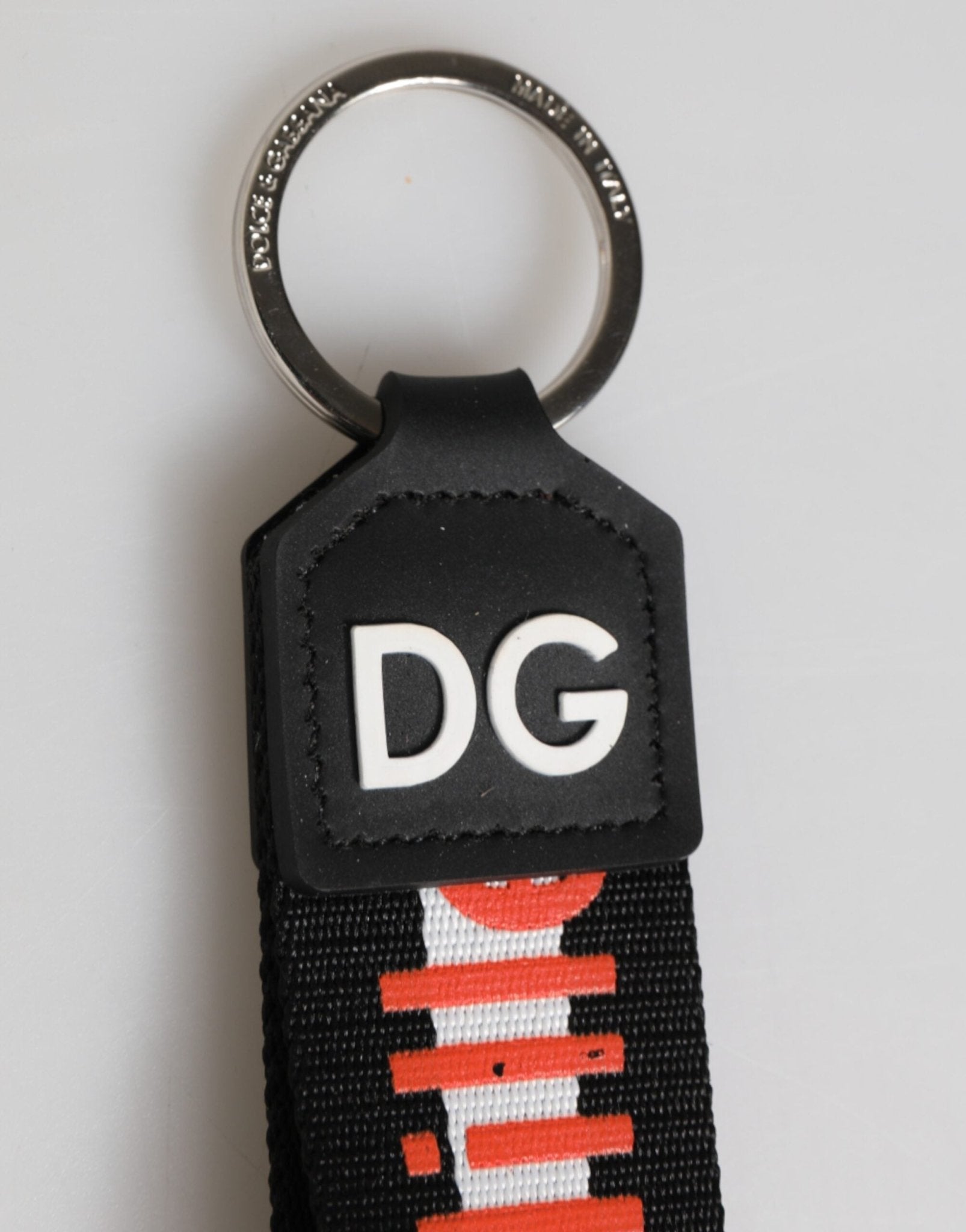 Dolce & Gabbana Black Red Logo Polyester Brass Holder Keychain Keyring - RIMODA