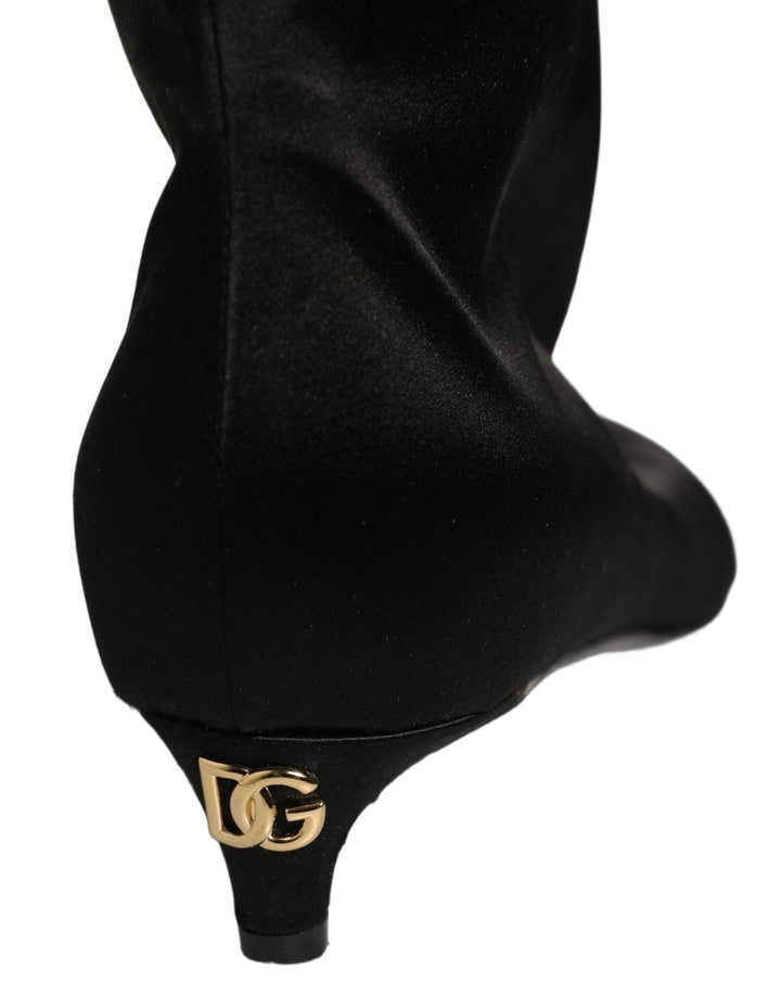 Dolce & Gabbana Black Satin Knee High Kitten Boots Shoes - RIMODA