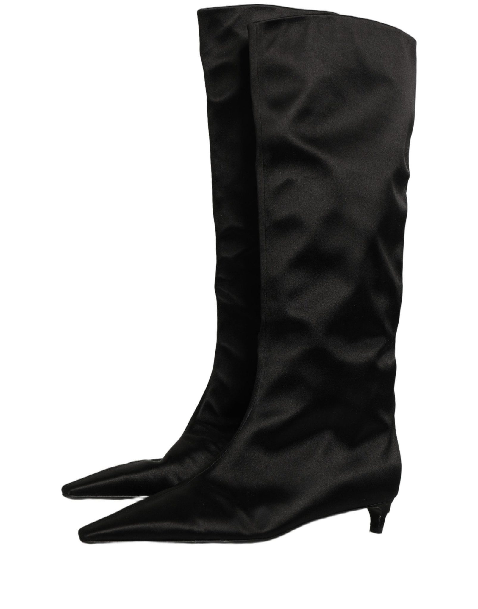 Dolce & Gabbana Black Satin Knee High Kitten Boots Shoes - RIMODA