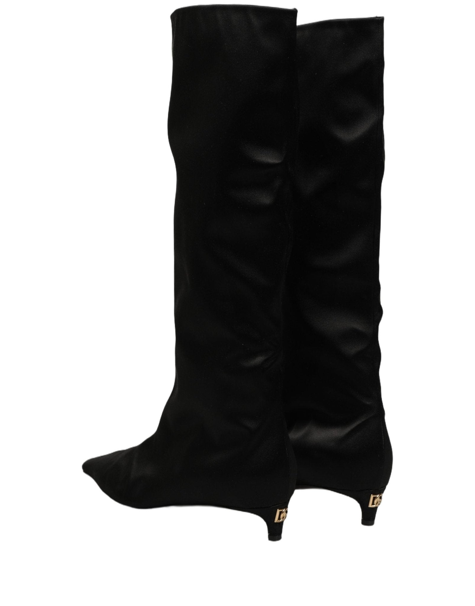 Dolce & Gabbana Black Satin Knee High Kitten Boots Shoes - RIMODA