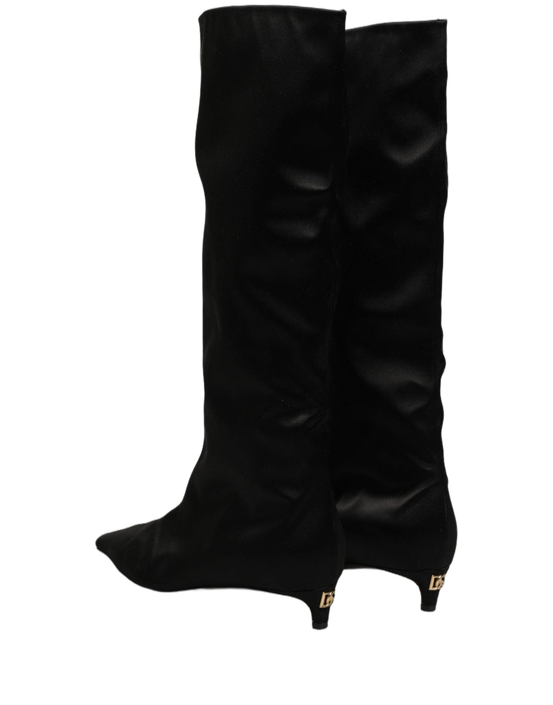 Dolce & Gabbana Black Satin Knee High Kitten Boots Shoes - RIMODA