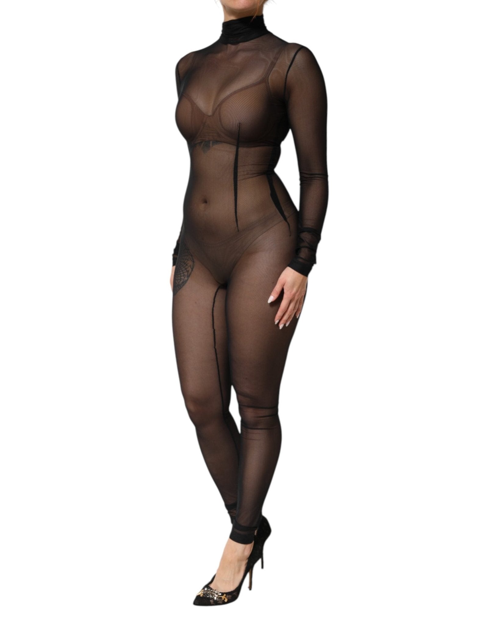 Dolce & Gabbana Black Sheer Mesh Long Sleeve Jumpsuit Bodysuit Dress - RIMODA