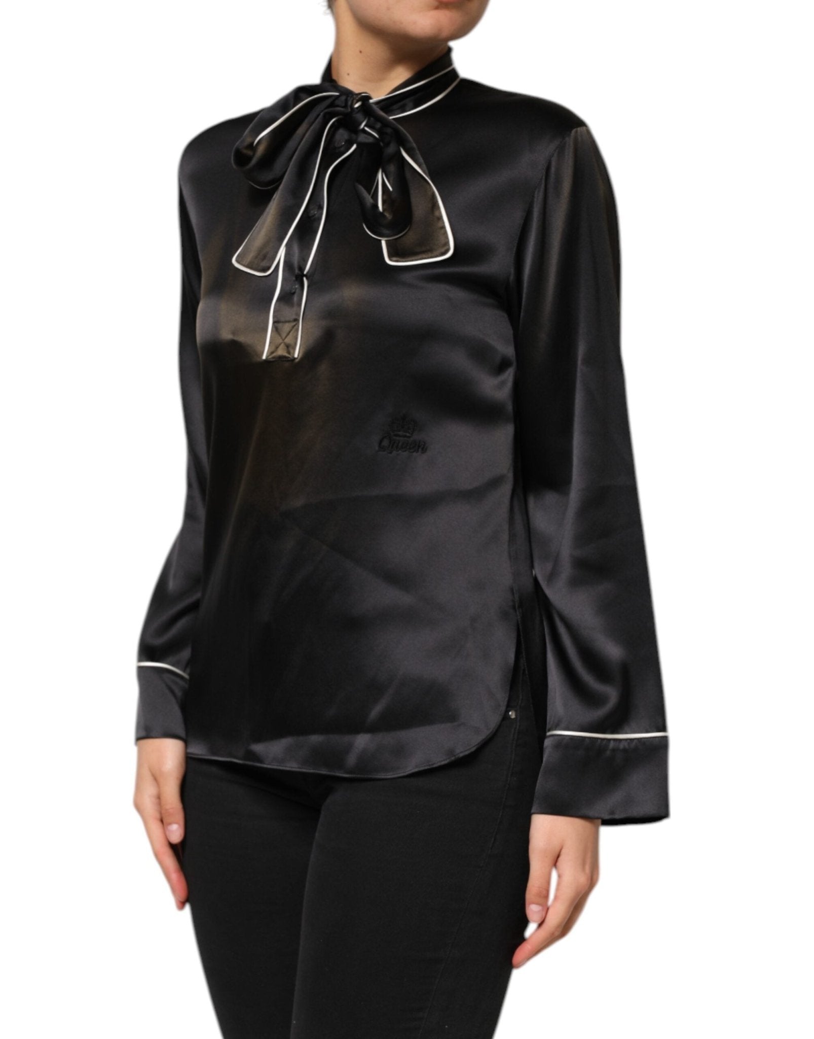 Dolce & Gabbana Black Silk Ascot Collared Button Blouse Top - RIMODA