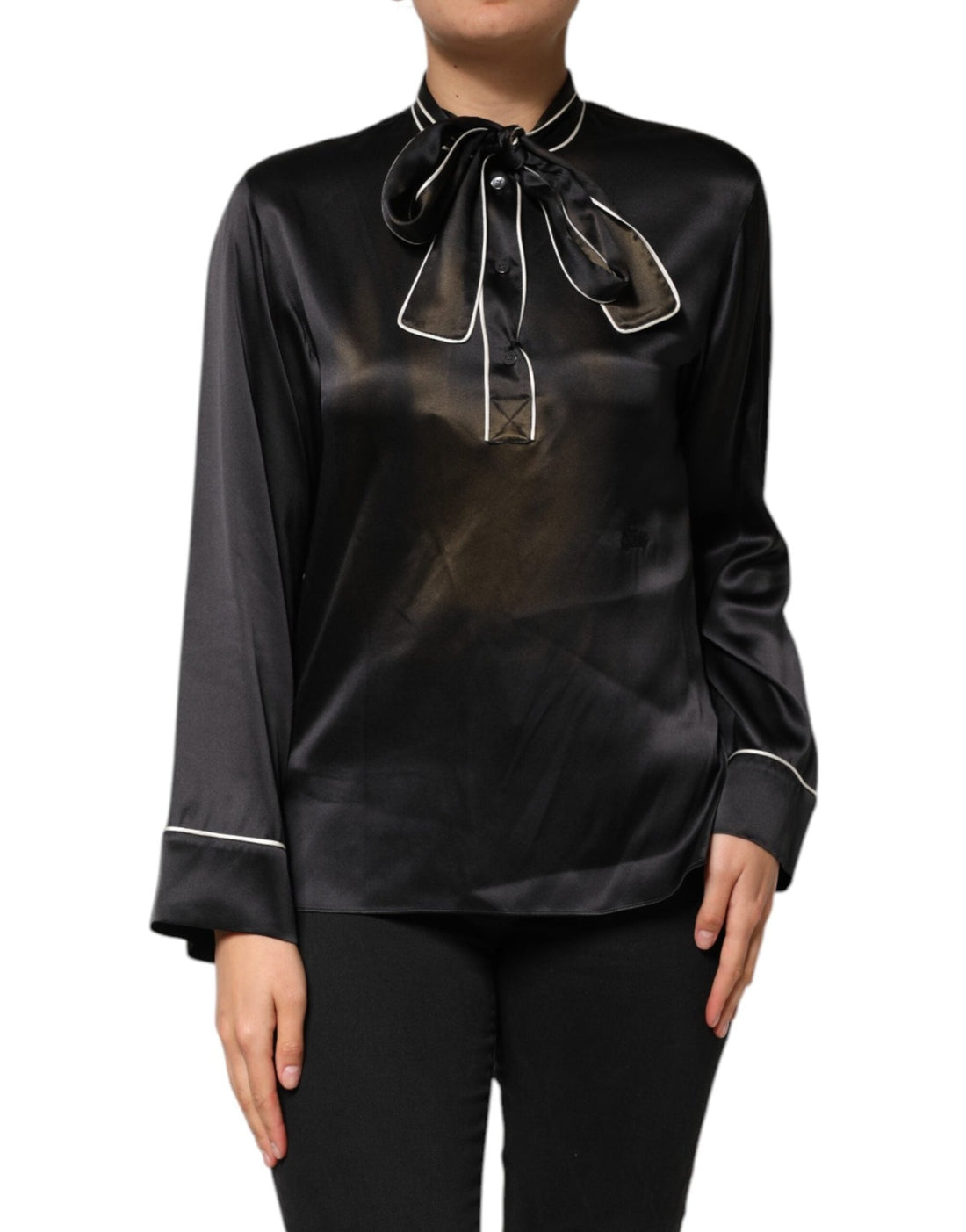 Dolce & Gabbana Black Silk Ascot Collared Button Blouse Top - RIMODA