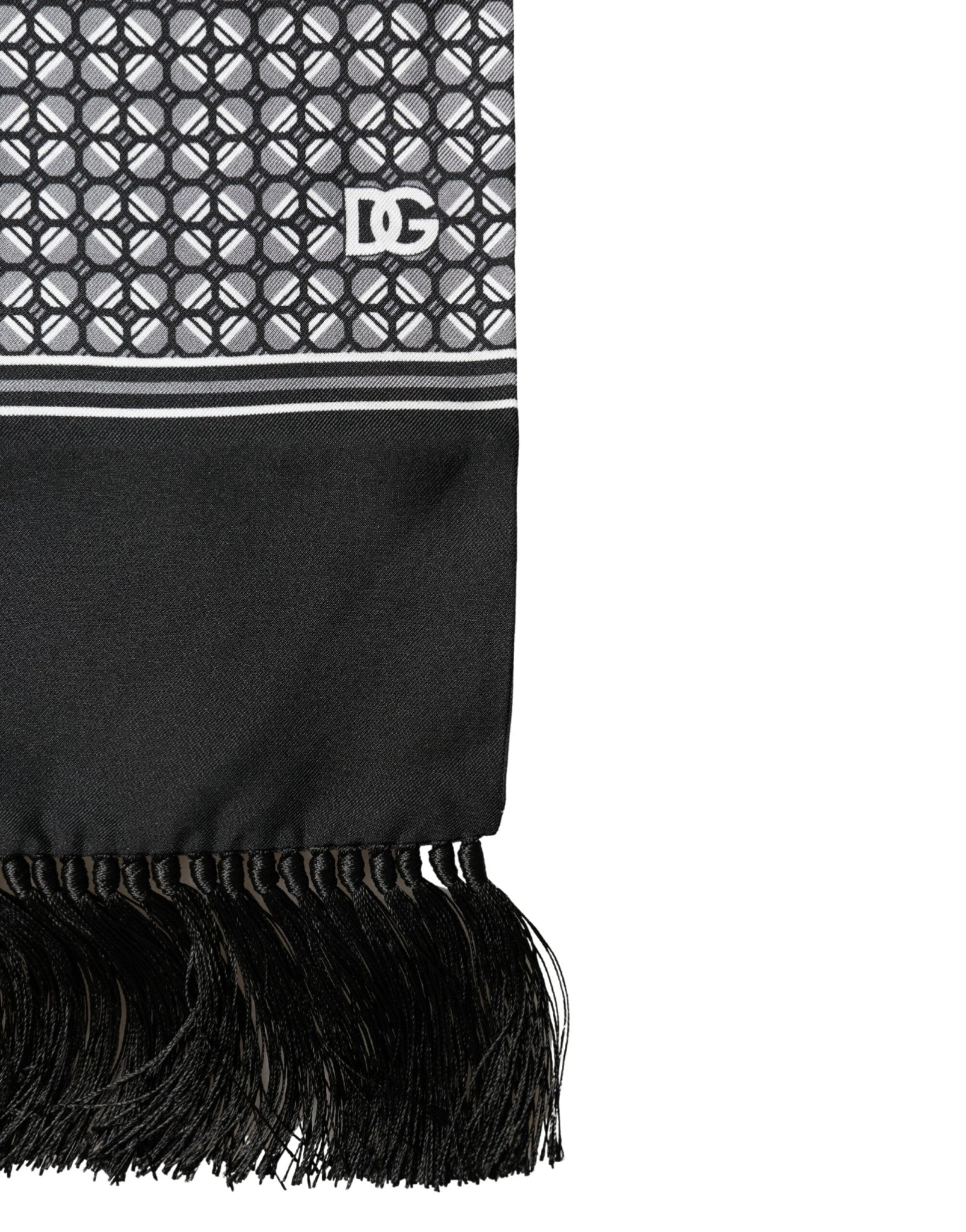 Dolce & Gabbana Black Silk Geometric Fringed Foulard 140cm x 15cm Scarf - RIMODA