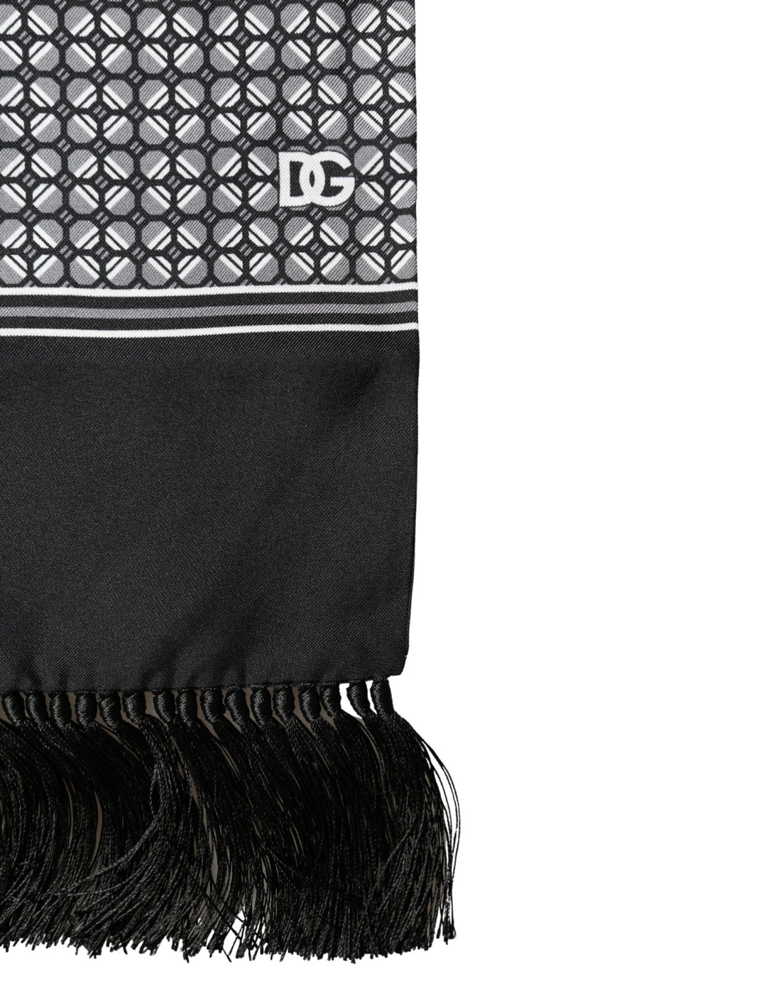 Dolce & Gabbana Black Silk Geometric Fringed Foulard 140cm x 15cm Scarf - RIMODA