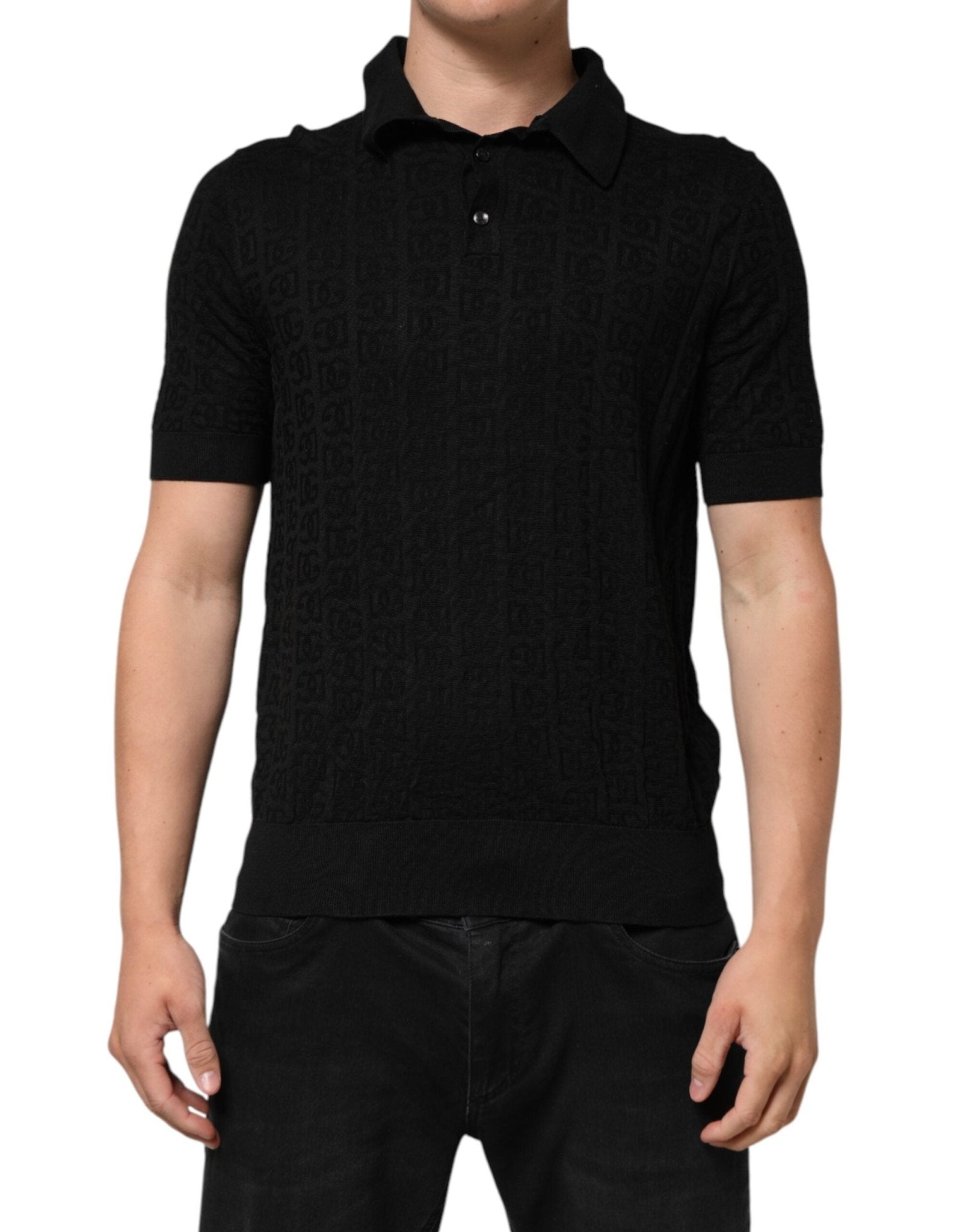 Dolce & Gabbana Black Silk Jacquard DG Polo Shirt T-shirt - RIMODA