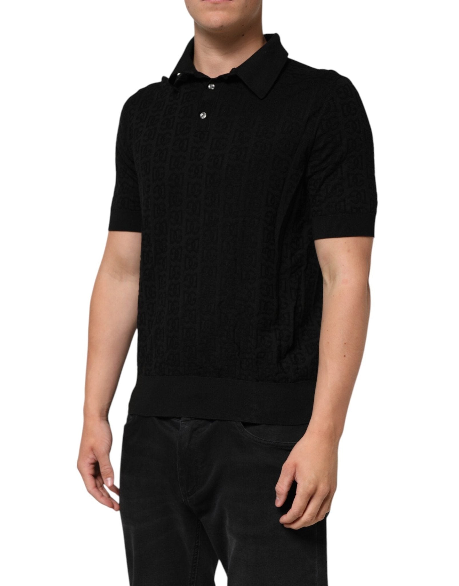 Dolce & Gabbana Black Silk Jacquard DG Polo Shirt T-shirt - RIMODA