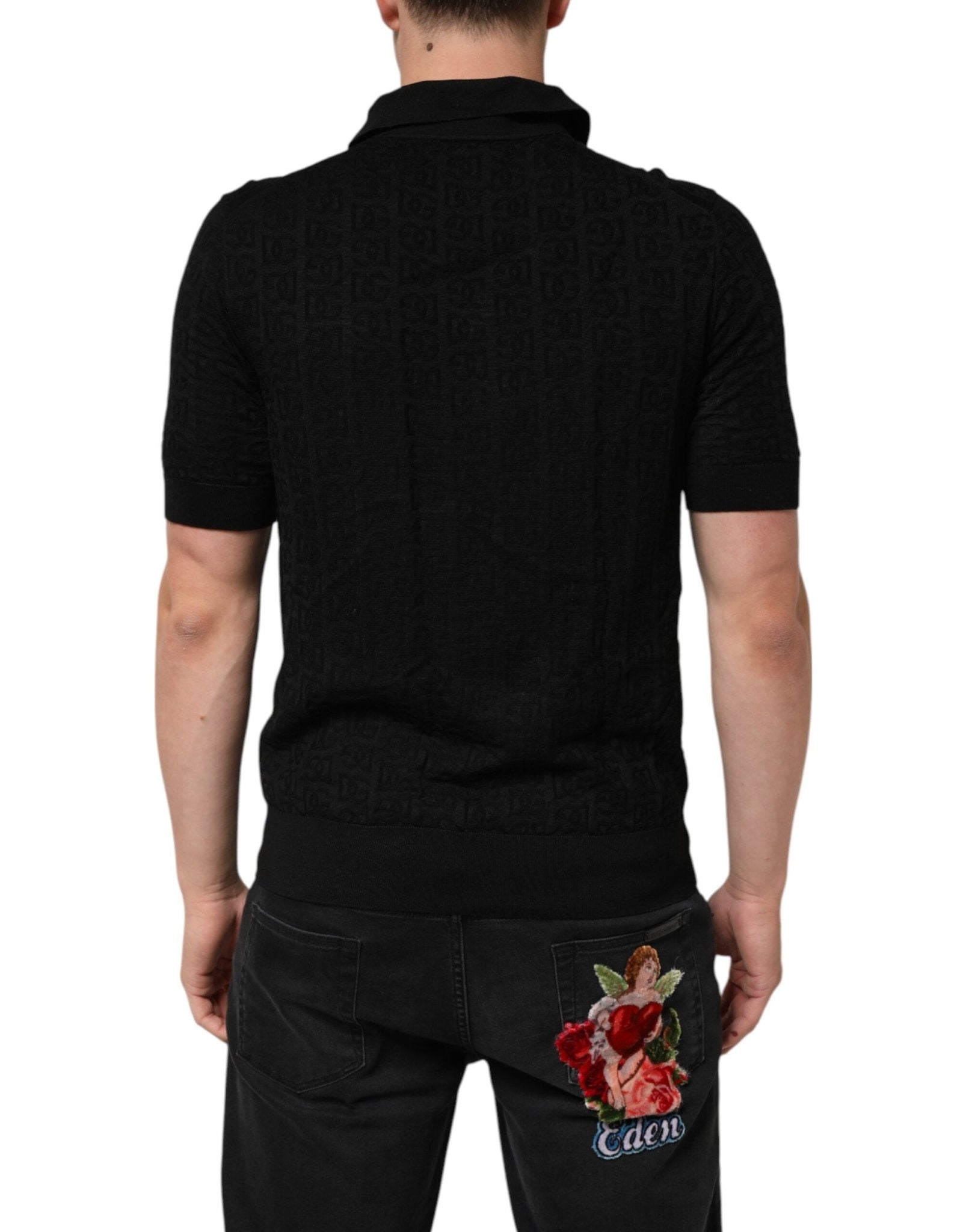 Dolce & Gabbana Black Silk Jacquard DG Polo Shirt T-shirt - RIMODA